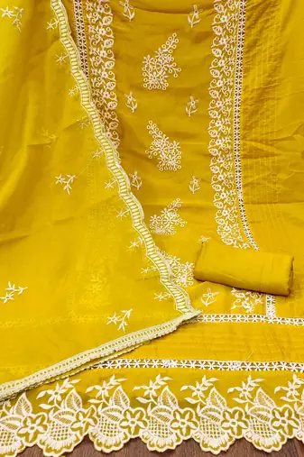 Mustard Organza Embroidered Unstitched Dress Material