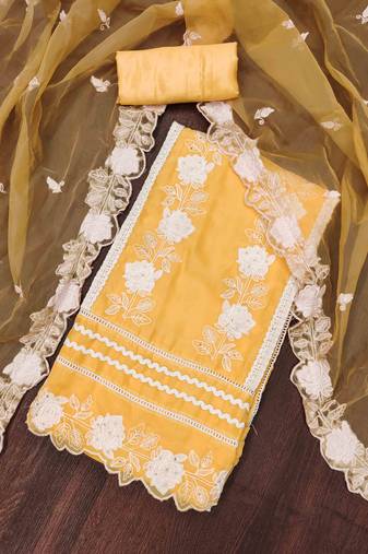 Yellow Organza Embroidered Unstitched Dress Material