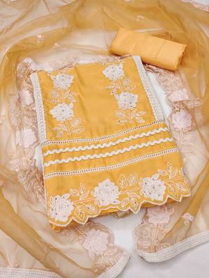 Yellow Organza Embroidered Unstitched Dress Material 2