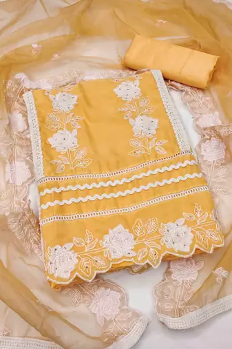 Yellow Organza Embroidered Unstitched Dress Material