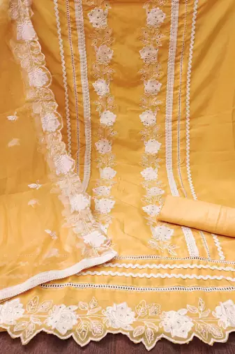 Yellow Organza Embroidered Unstitched Dress Material