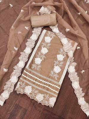 Brown Organza Embroidered Unstitched Dress Material 1