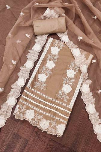 Brown Organza Embroidered Unstitched Dress Material