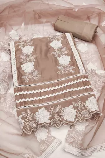 Brown Organza Embroidered Unstitched Dress Material