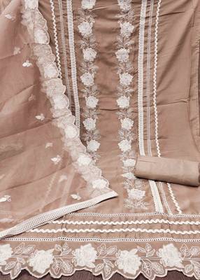 Brown Organza Embroidered Unstitched Dress Material 3