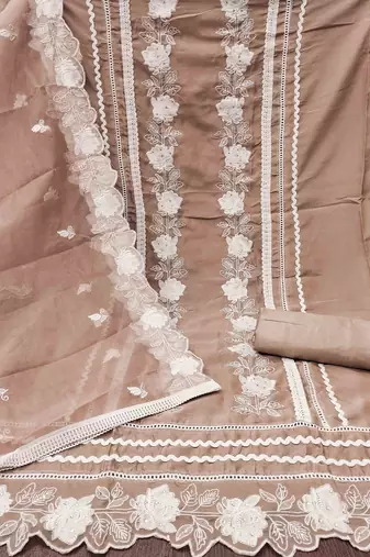 Brown Organza Embroidered Unstitched Dress Material