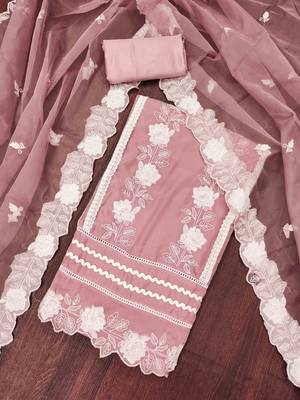 Peach Organza Embroidered Unstitched Dress Material 1
