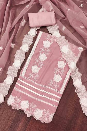 Peach Organza Embroidered Unstitched Dress Material