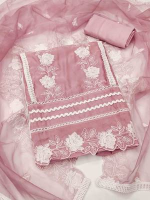 Peach Organza Embroidered Unstitched Dress Material 2