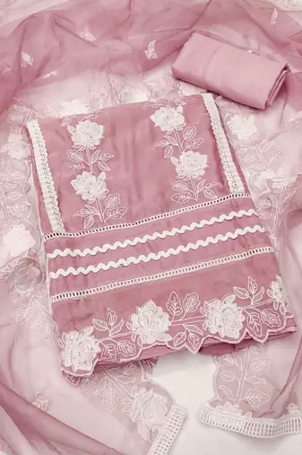 Peach Organza Embroidered Unstitched Dress Material