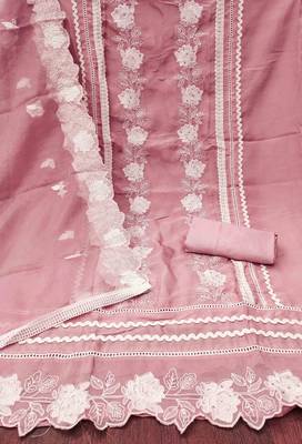 Peach Organza Embroidered Unstitched Dress Material 3