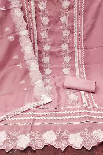 Peach Organza Embroidered Unstitched Dress Material