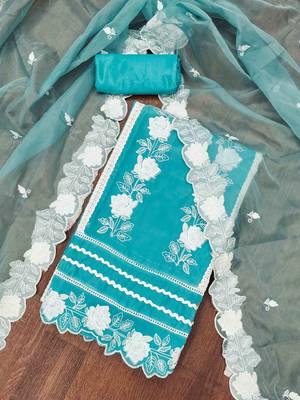 Blue Organza Embroidered Unstitched Dress Material 1