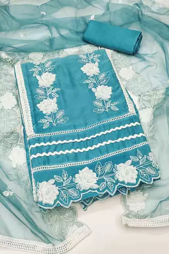 Blue Organza Embroidered Unstitched Dress Material