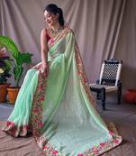  Women Green Embroidery And Sequence Work Saree And  Rich Pallu Saree With Blouse For Women