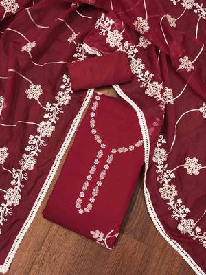 Maroon Cotton silk blend Embroidered Unstitched Dress Material 1