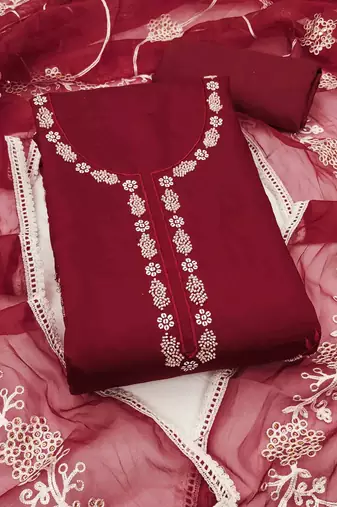 Maroon Cotton silk blend Embroidered Unstitched Dress Material