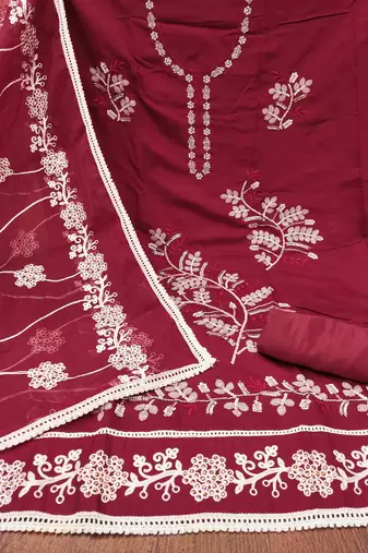 Maroon Cotton silk blend Embroidered Unstitched Dress Material