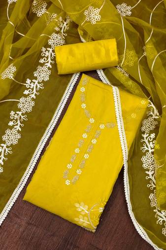 Lemon Cotton silk blend Embroidered Unstitched Dress Material