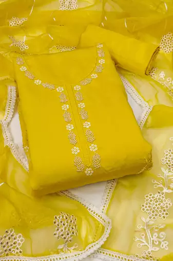 Lemon Cotton silk blend Embroidered Unstitched Dress Material