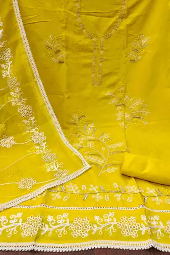 Lemon Cotton silk blend Embroidered Unstitched Dress Material