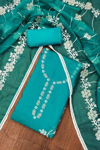 Teal Cotton silk blend Embroidered Unstitched Dress Material