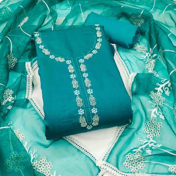 Teal Cotton silk blend Embroidered Unstitched Dress Material 2