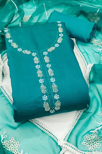 Teal Cotton silk blend Embroidered Unstitched Dress Material