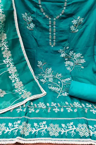 Teal Cotton silk blend Embroidered Unstitched Dress Material