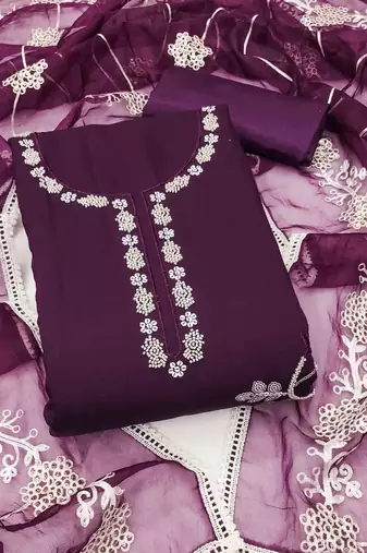 Purple Cotton silk blend Embroidered Unstitched Dress Material