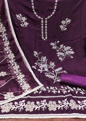 Purple Cotton silk blend Embroidered Unstitched Dress Material 3