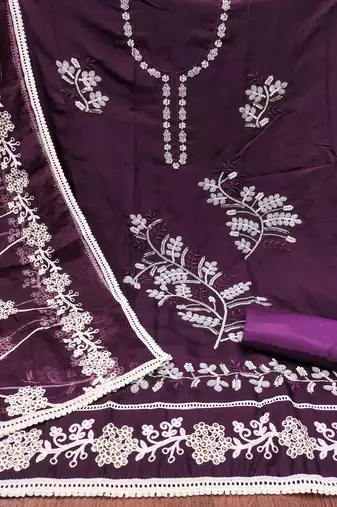 Purple Cotton silk blend Embroidered Unstitched Dress Material