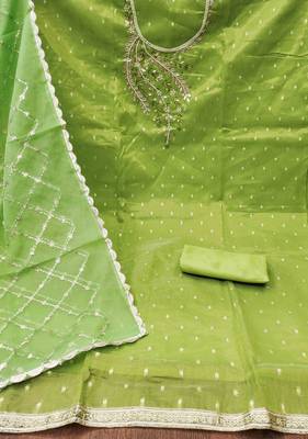 Parrot Green Shimmer Banarasi Unstitched Dress Material 3