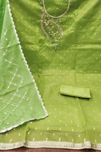 Parrot Green Shimmer Banarasi Unstitched Dress Material