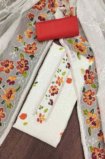 Red Roman silk blend Embroidered Unstitched Dress Material