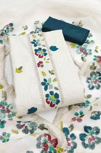 Teal Roman silk blend Embroidered Unstitched Dress Material