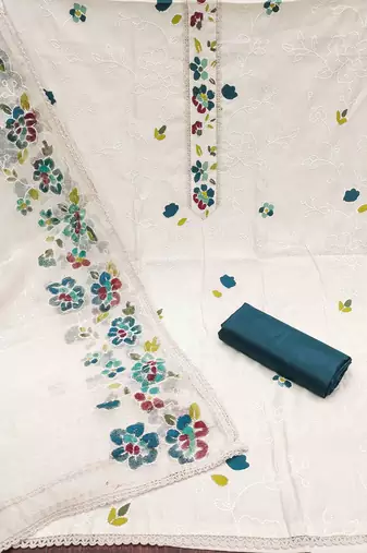 Teal Roman silk blend Embroidered Unstitched Dress Material