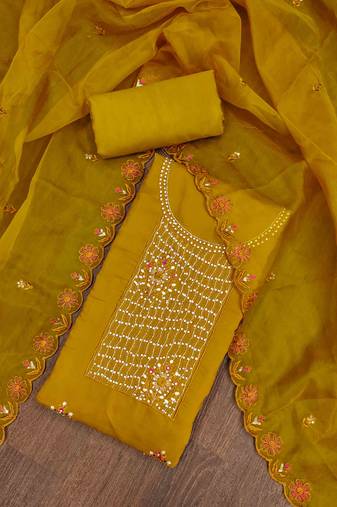 Mustard Roman silk blend Embroidered Unstitched Dress Material