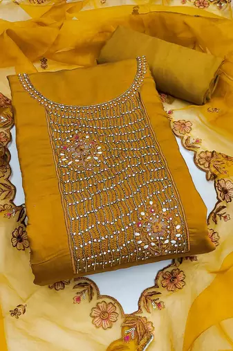 Mustard Roman silk blend Embroidered Unstitched Dress Material