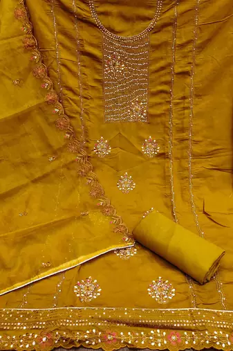 Mustard Roman silk blend Embroidered Unstitched Dress Material