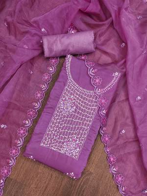 Purple Roman silk blend Embroidered Unstitched Dress Material 1