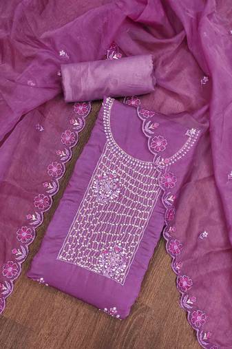Purple Roman silk blend Embroidered Unstitched Dress Material