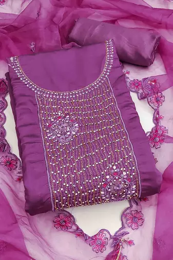 Purple Roman silk blend Embroidered Unstitched Dress Material