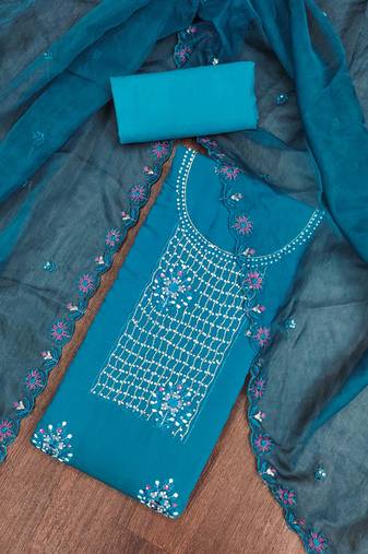 Blue Roman silk blend Embroidered Unstitched Dress Material