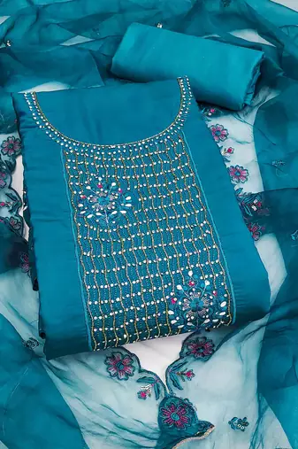 Blue Roman silk blend Embroidered Unstitched Dress Material