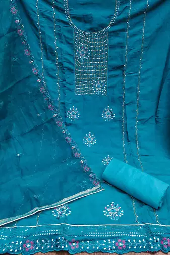 Blue Roman silk blend Embroidered Unstitched Dress Material