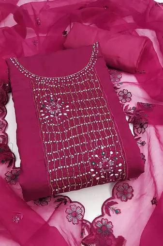Magenta Roman silk blend Embroidered Unstitched Dress Material