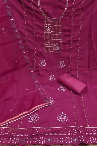 Magenta Roman silk blend Embroidered Unstitched Dress Material