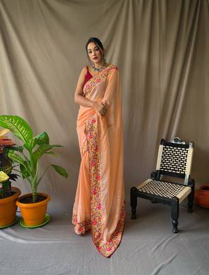  Women Peach Embroidery And sequence Work Saree And  Rich Pallu Saree With Blouse For Women 1