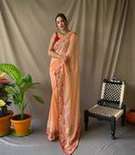  Women Peach Embroidery And sequence Work Saree And  Rich Pallu Saree With Blouse For Women